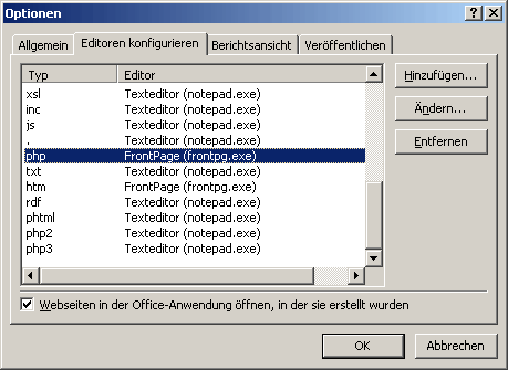 Für den Typ 'php' ist der Editor 'FrontPage (frontpg.exe)' eingetragen.
